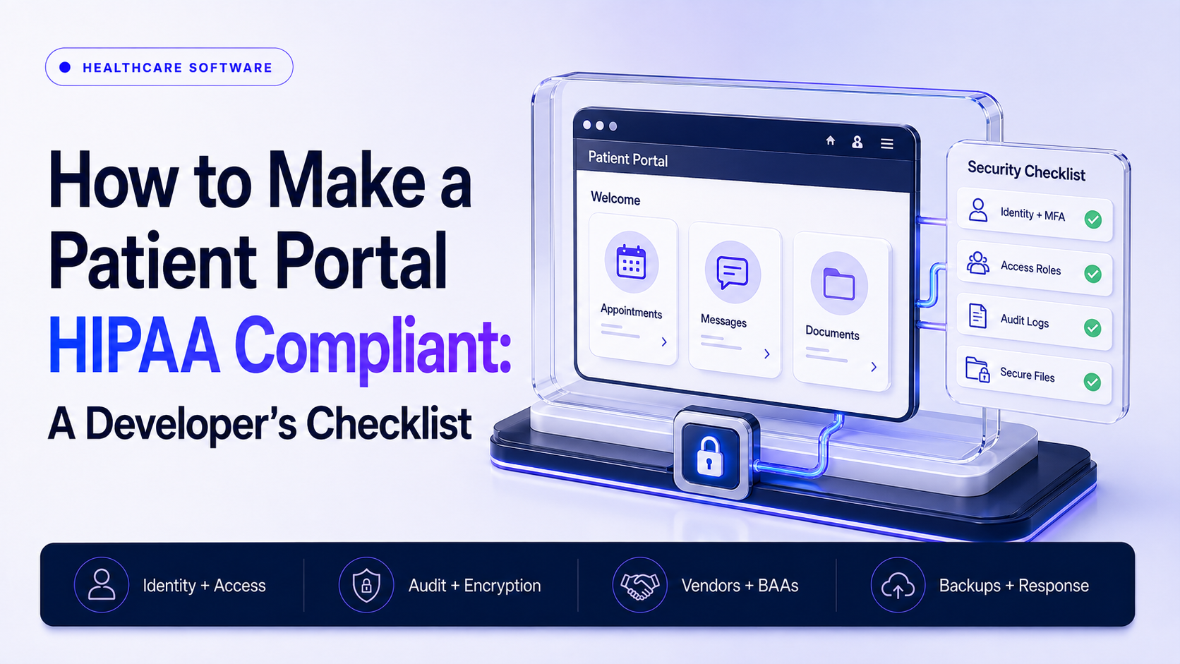 HIPAA patient portal architecture showing patient identity, access control, secure sessions, audit logging, business associates, backups, and incident response